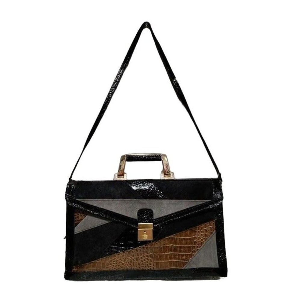 Vintage Sleek Stylish 80s Leather Detachable Strap Shoulder Hand Bag Black Brown - Picture 2 of 7
